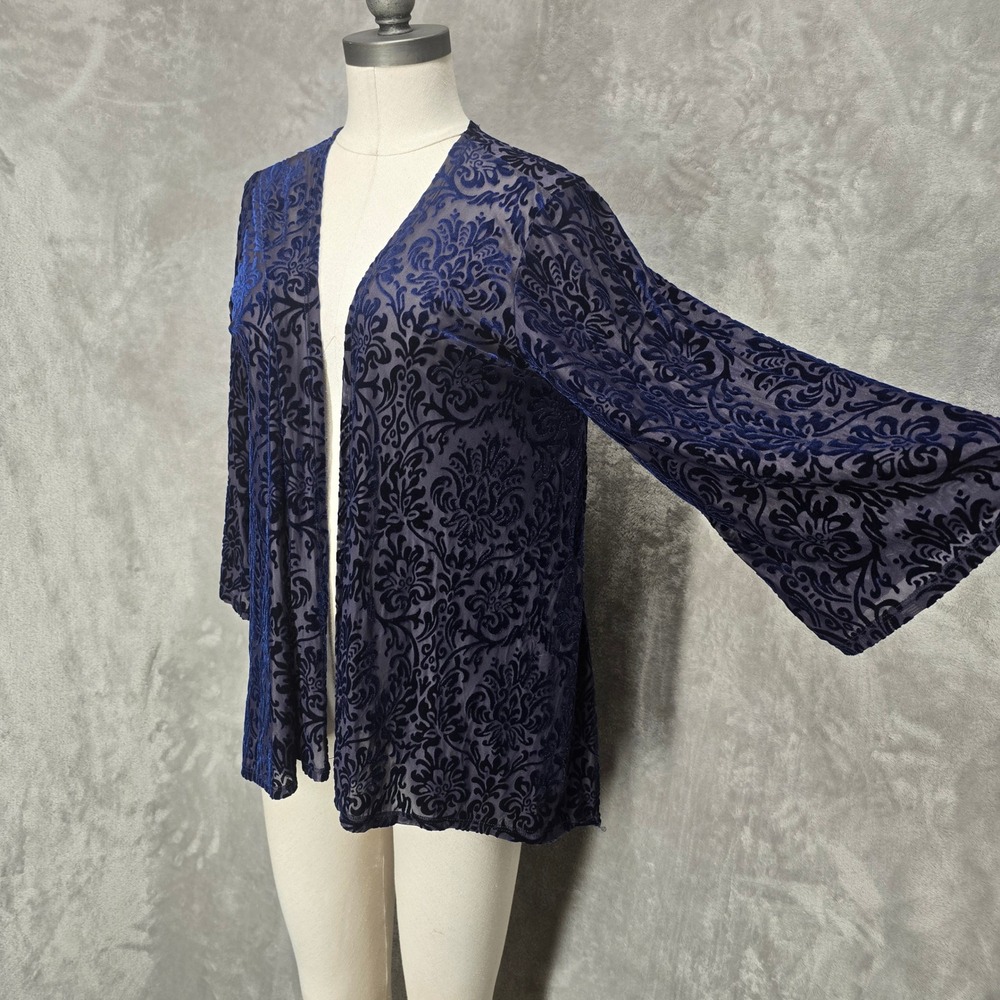 Espresso Cardigan Women L Blue Burnout Velvet Damask Open Front Goth Victorian
